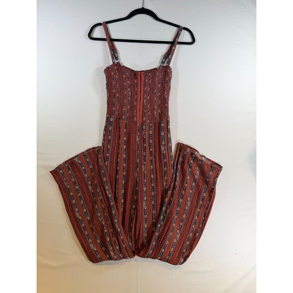 Aeropostale Rust Orange Striped Floral Smocked Wide Leg Jumpsuit Womens XS